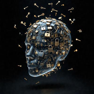The primary subject of the image is a close-up of a head with a large number of gold and silver padlocks scattered all over it. The setting is a dark background, which emphasizes the padlocks and creates a dramatic visual effect. The visual style is a combination of digital art and illustration, as the padlocks are rendered in a realistic manner while the overall composition is artistic. The colors and mood of the image are predominantly dark, with the gold and silver padlocks providing a contrast